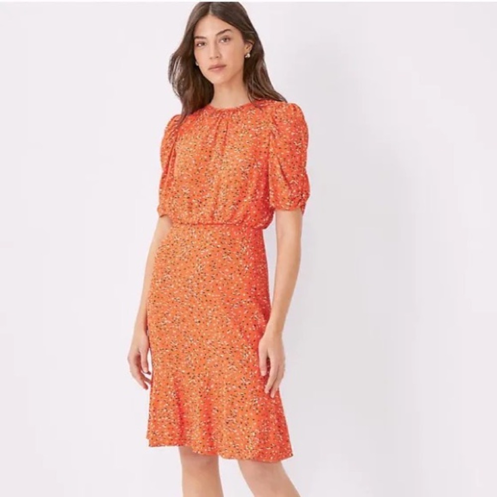Ann Taylor Orange Spark Flecked Flounced Sheath Dress
